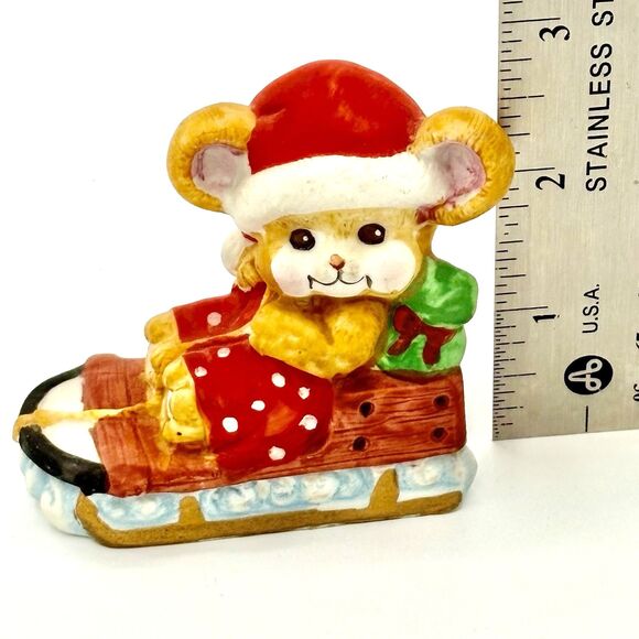 Russ Berrie Christmas Santa Mouse On Sled Porcelain 3” - Picture 3 of 8